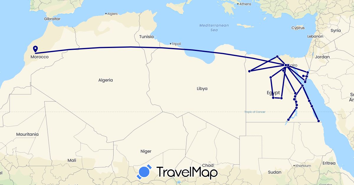 TravelMap itinerary: driving in Egypt, Morocco (Africa)